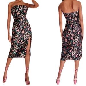 Lulu's Black Strapless Floral Midi Dress with Pink and Green Accents